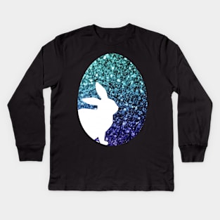Easter Bunny Silhouette in Teal Blue Ombre Faux Glitter Easter Egg Kids Long Sleeve T-Shirt